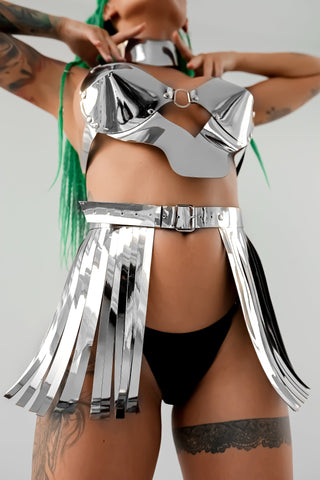 Silver Burning Women Set: Choker, Top, Skirt - Rave Metallic outfit - FEYA