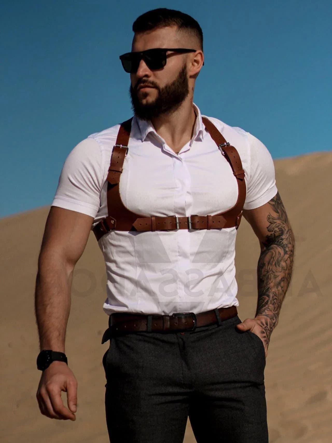 Brown Leather Body Harness for Fashion Photoshoots