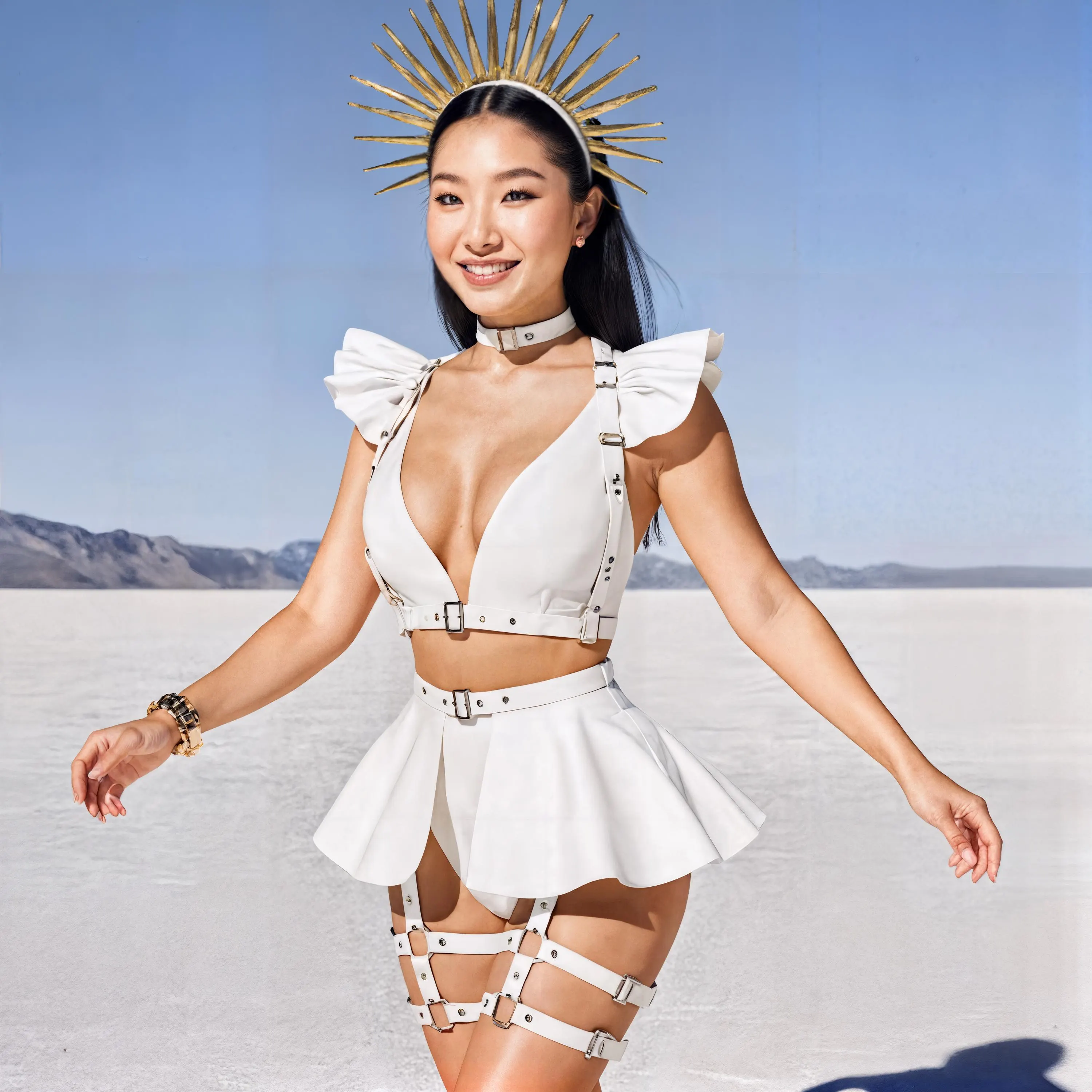 White Festival Outfit, Leather Harness with Shoulders, Leg Garters and Open Skirt, Desert Rave Wea
