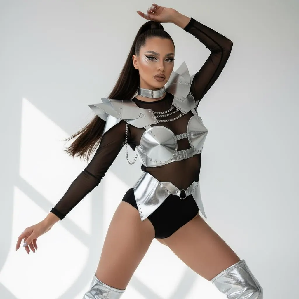 Showgirl Outfit Top with Shoulders & Skirt, Party Stage Wear, Unique Futuristic Outfit, Performance Dance Clothing