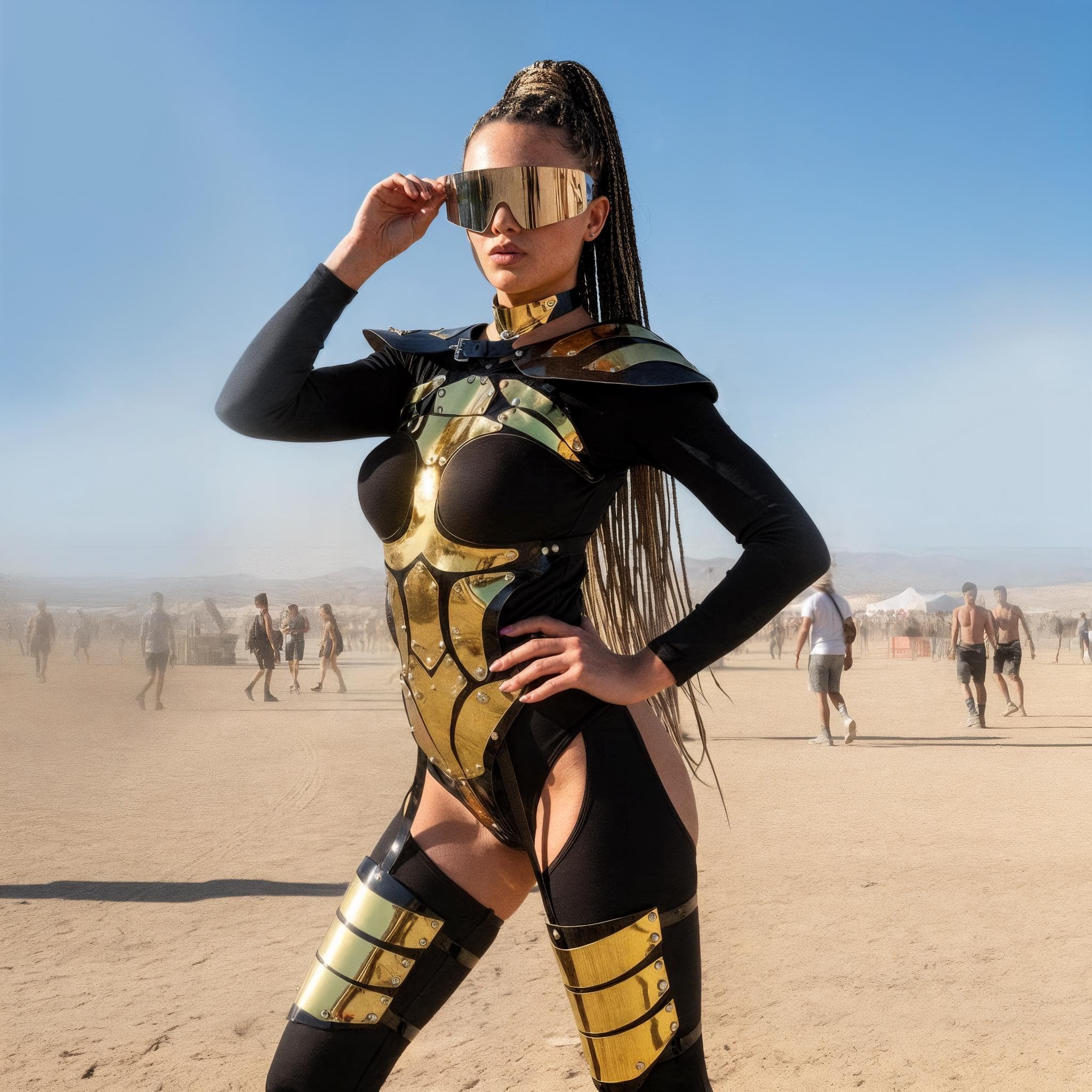 Futuristic Black and Gold Festival Bodysuit