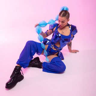 Futuristic Jasmine Outfit with Blue Vegan Leather Bodysuit Set