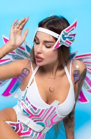 Crypto Angel Cosplay - Cubiertas de piernas de body de alas de tocado, traje futurista