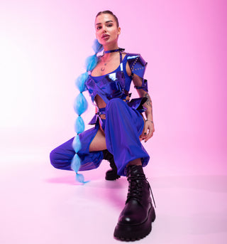 Futuristic Jasmine Outfit with Blue Vegan Leather Bodysuit Set