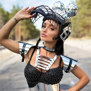 Futuristic metal set: Helmet, Top, Belt - the Best Outfit for Festivals & Performances - FEYA