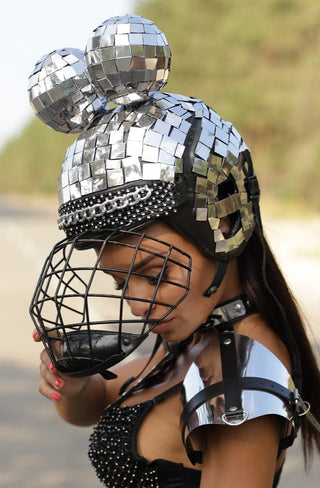 Futuristic metal set: Helmet, Top, Belt - the Best Outfit for Festivals & Performances - FEYA