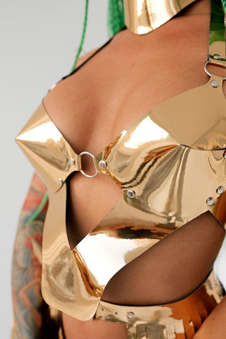 Gold Metallic Costume Set for Festivals: Choker, Top, Skirt - FEYA