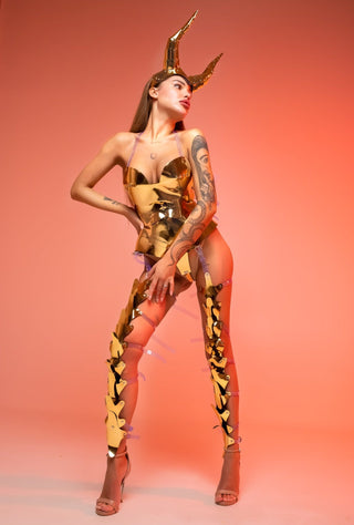 Golden Devil Cosplay Set - Horns, Bodysuit, Leg Covers for Performance - FEYA