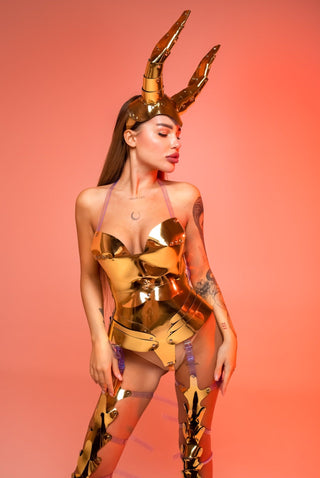 Golden Devil Cosplay Set - Horns, Bodysuit, Leg Covers for Performance - FEYA