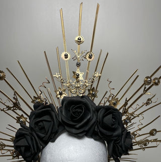Black & Gold Fantasy Crown: Exquisite Headdress for Statement Looks - FEYA