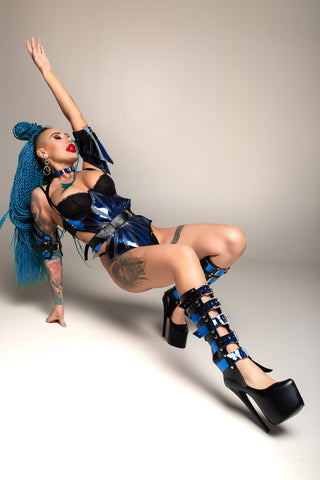 Burlesque Costume set Bodysuit Spine Arm & Leg Bracelet, Dark Blue Drag Queen Dress - FEYA