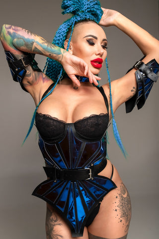 Burlesque Costume set Bodysuit Spine Arm & Leg Bracelet, Dark Blue Drag Queen Dress - FEYA