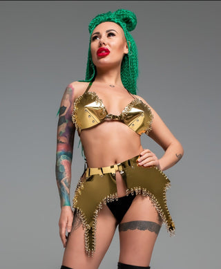 Burlesque set Golden Bra & Skirt for Costume Party outfit Glossy Shiny wear - FEYA