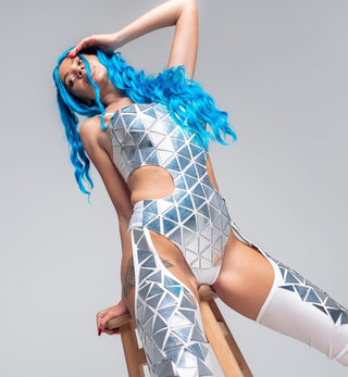 Dance Mirror Women Set: Artistic Elegance in a White Bodysuit & Silver-Plated Legs - FEYA