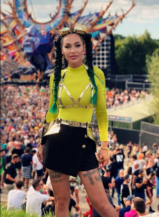 Festival Costume with Gold Forearm Harness and Skirt, Burning Rave Outfit - FEYA