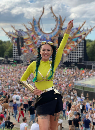 Festival Costume with Gold Forearm Harness and Skirt, Burning Rave Outfit - FEYA