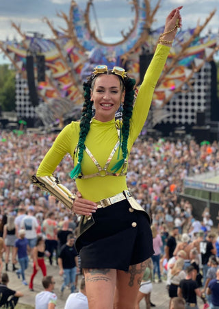 Festival Costume with Gold Forearm Harness and Skirt, Burning Rave Outfit - FEYA
