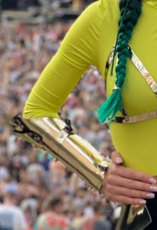 Festival Costume with Gold Forearm Harness and Skirt, Burning Rave Outfit - FEYA
