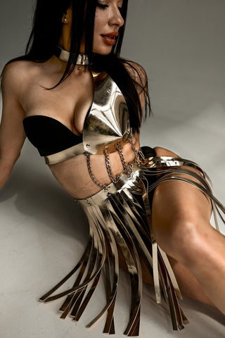 Golden Body Dress: Mirror-Finished Elegance for Performances & Festivals - FEYA