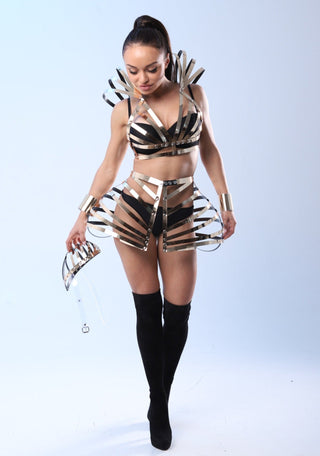 Golden Metallic Cosplay Costume Set for Glamour Futuristic Outfit - FEYA