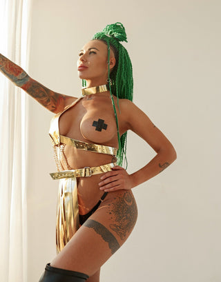 Golden Rave Set: Bra & Skirt for Festivals, Shows and Grand Performances - FEYA