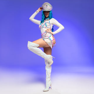Hologram Mesh Costume Set with Hat Top Skirt for Rave outfit - FEYA