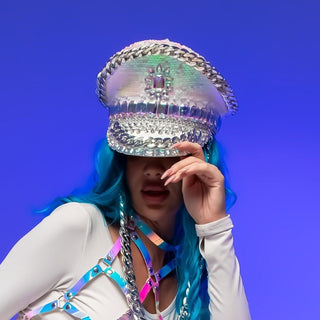 Hologram Mesh Costume Set with Hat Top Skirt for Rave outfit - FEYA