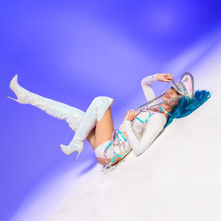 Hologram Mesh Costume Set with Hat Top Skirt for Rave outfit - FEYA