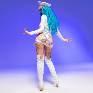 Hologram Mesh Costume Set with Hat Top Skirt for Rave outfit - FEYA