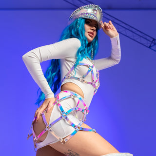 Hologram Mesh Costume Set with Hat Top Skirt for Rave outfit - FEYA