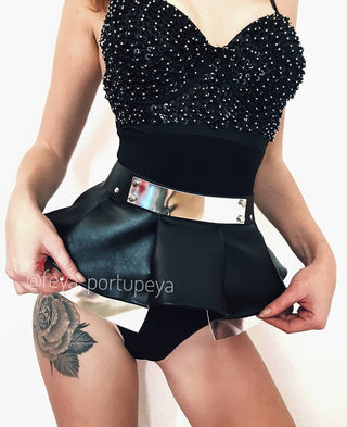 Leather & Gold Skirt Basque Go Go - A Fusion of Art and Fashion - FEYA