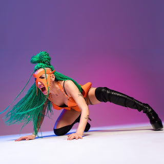 Orange Latex Fetish Costume Set for Cosplay - Mask, Top, Skirt - FEYA