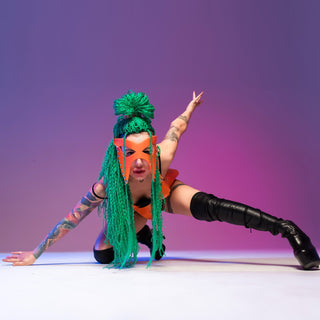 Orange Latex Fetish Costume Set for Cosplay - Mask, Top, Skirt - FEYA