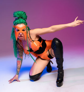 Orange Latex Fetish Costume Set for Cosplay - Mask, Top, Skirt - FEYA