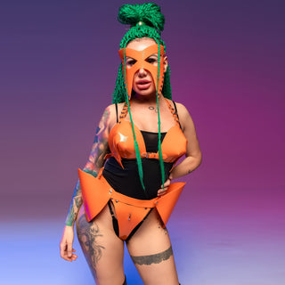 Orange Latex Fetish Costume Set for Cosplay - Mask, Top, Skirt - FEYA