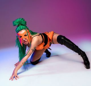 Orange Latex Fetish Costume Set for Cosplay - Mask, Top, Skirt - FEYA