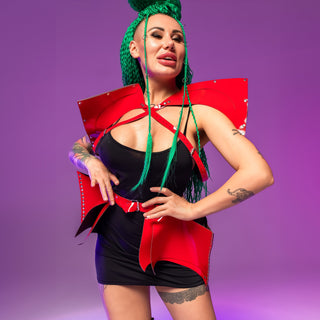 Red Stage Costume Set: Mesmerizing Vegan Leather Fashion Clothing for Women - FEYA