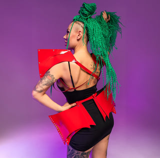 Red Stage Costume Set: Mesmerizing Vegan Leather Fashion Clothing for Women - FEYA