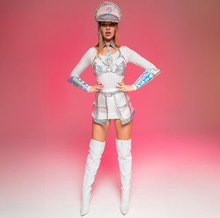 Shining Costume Set with Hat Choker Top Skirt Braslets for Dance Show - FEYA
