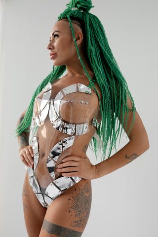 Silver Futuristic Rave Bodysuit - Burning Festival Cyberpunk Costume - FEYA