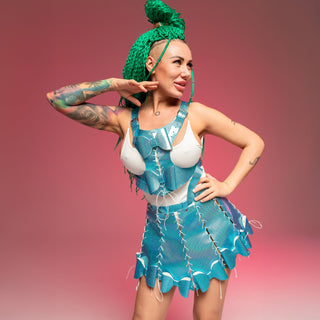 Sparkling Bow Hologram Costume Set: Top & Skirt for best Stage outfit - FEYA