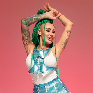 Sparkling Bow Hologram Costume Set: Top & Skirt for best Stage outfit - FEYA