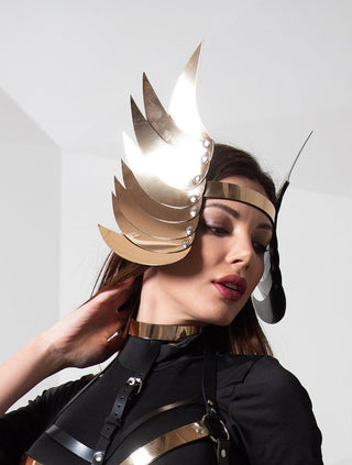 Unique Women's Festival Headdress with Golden Plastic Feather & Leather - FEYA