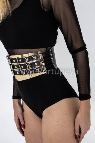 Women's Luxury Leather Belt and Gold Corset Harness - Fashion Statement - FEYA