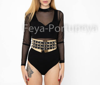 Women's Luxury Leather Belt and Gold Corset Harness - Fashion Statement - FEYA