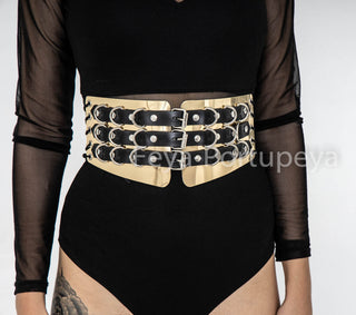 Women's Luxury Leather Belt and Gold Corset Harness - Fashion Statement - FEYA